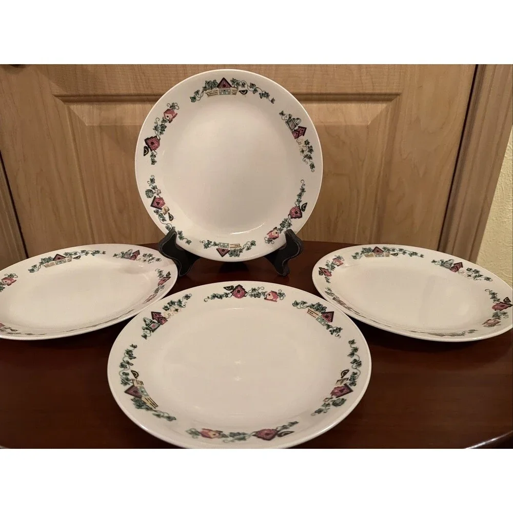 4 Corelle Garden Home Luncheon Plates Birdhouse 8.5”. Good Condition. Ships Fast